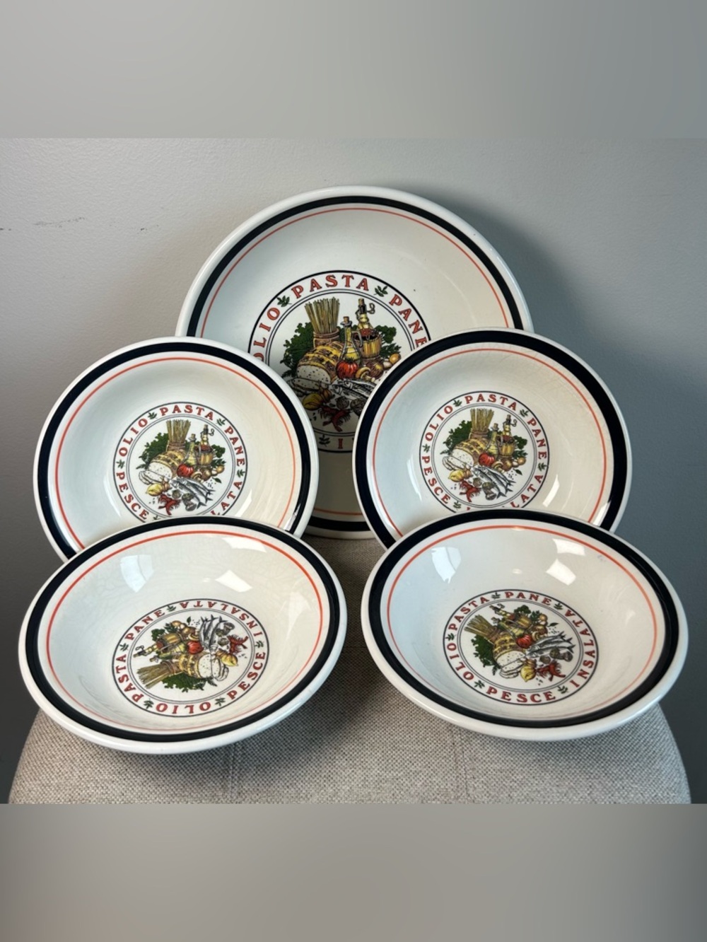Vintage Tre Ci Serving 5 Plate Set Olio Pasta Pane Non Toxic Made in Italy RARE